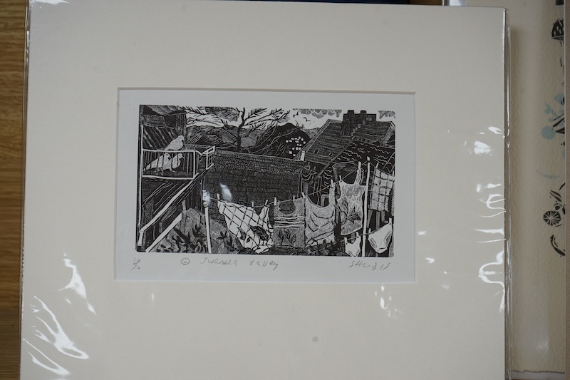 Three woodblock and woodcut prints, each unframed, comprising Sally Hands, ‘Swansea Valley’, Donald Myall, ‘Hedgehog’ and Sam Wilson, ‘Mr Blackbird in the country’, two limited edition, each signed in pencil, largest 38